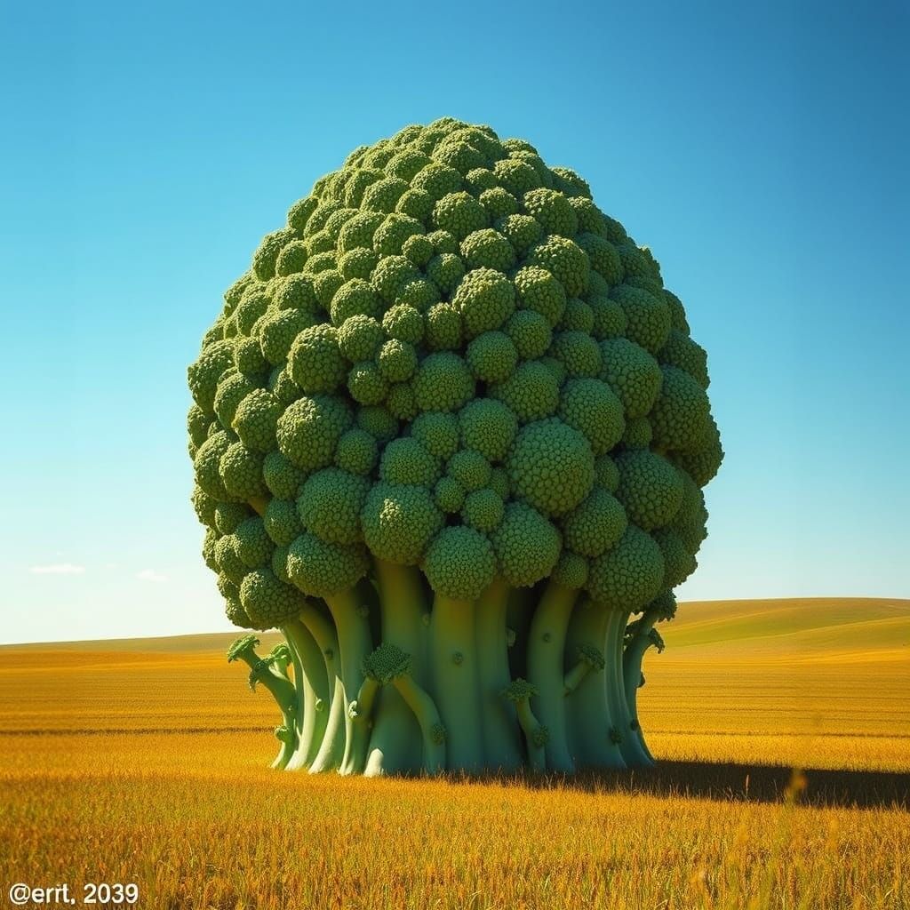 Surreal Broccoli Landmark Rises in a Sunlit Field