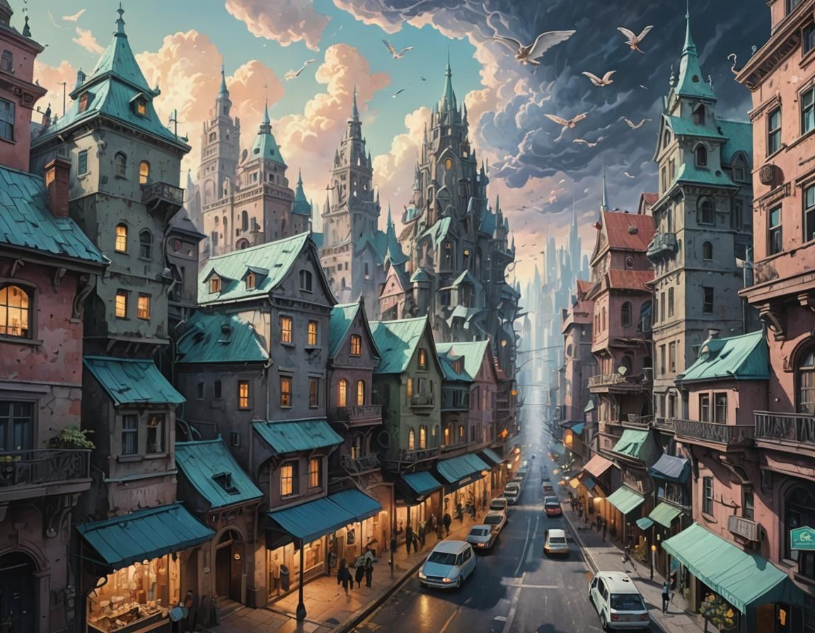 Sky City with Angels in Pastel Colors