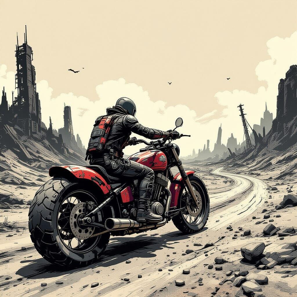 Wanderer on Armored Motorcycle in Post-Apocalyptic Wasteland