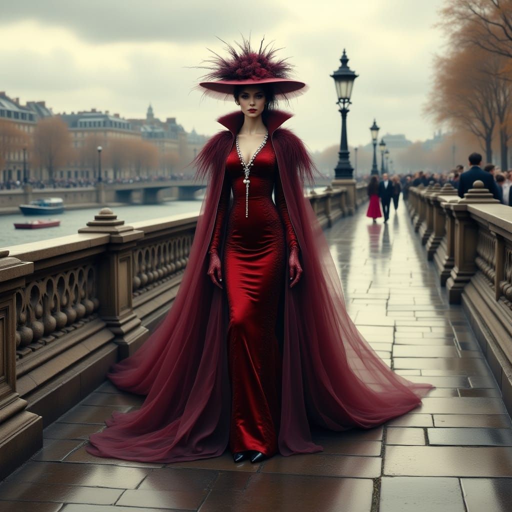 Elegant Reptilian Femme Fatale on Parisian Bridge