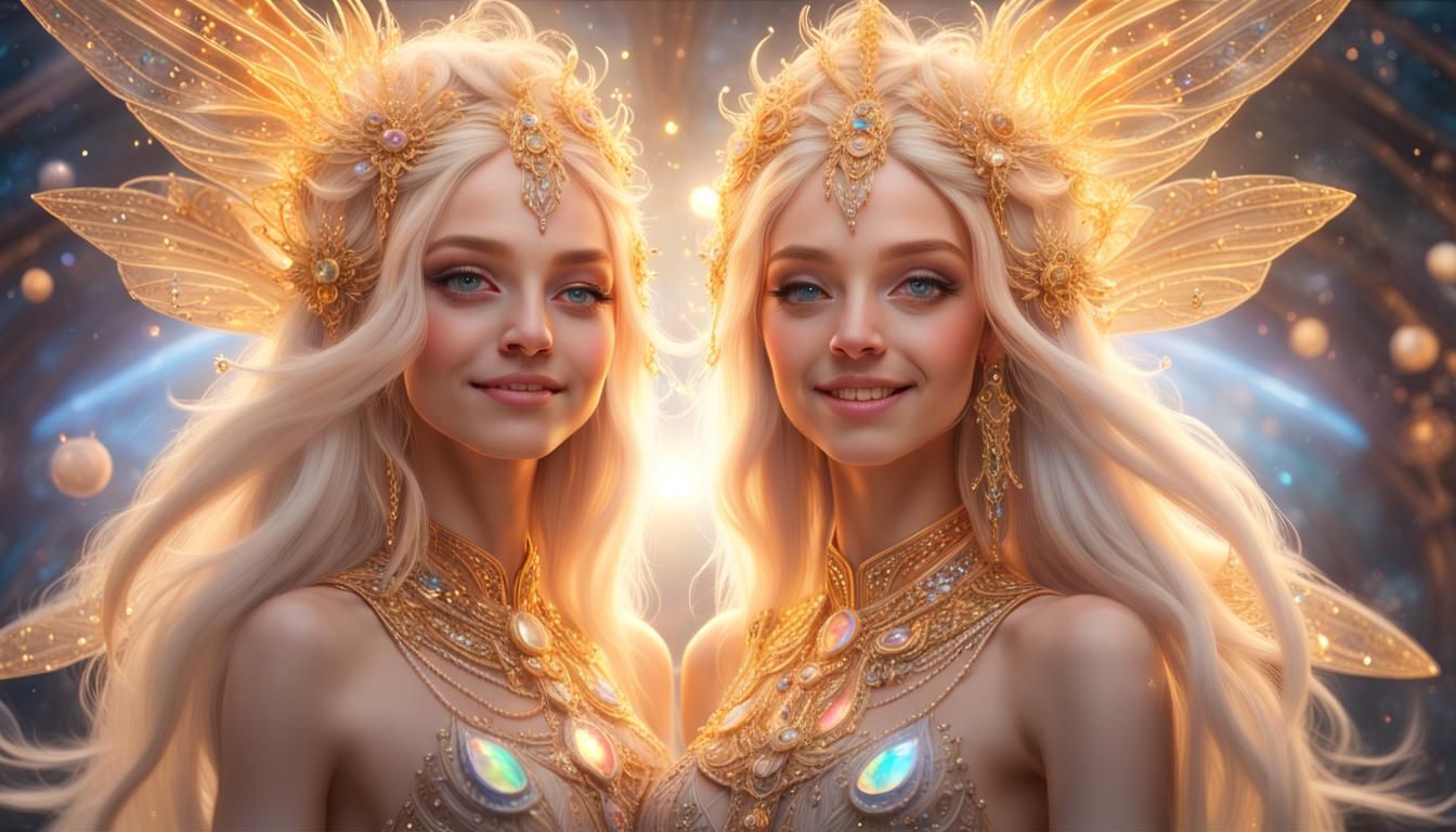 Cosmic Twins with Crystalline Wings: Fantasy Art