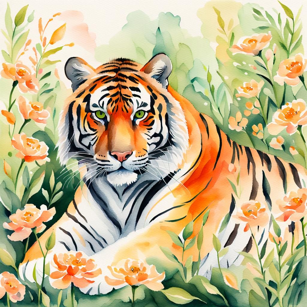 Floral Tiger Watercolor Painting with Pastel Palette