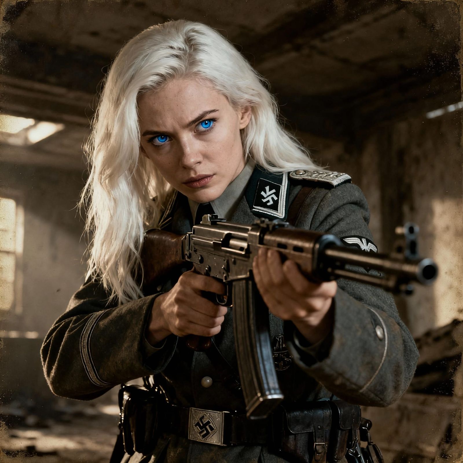 WW2 German Officer with Platinum Hair Aims MP40 Rifle
