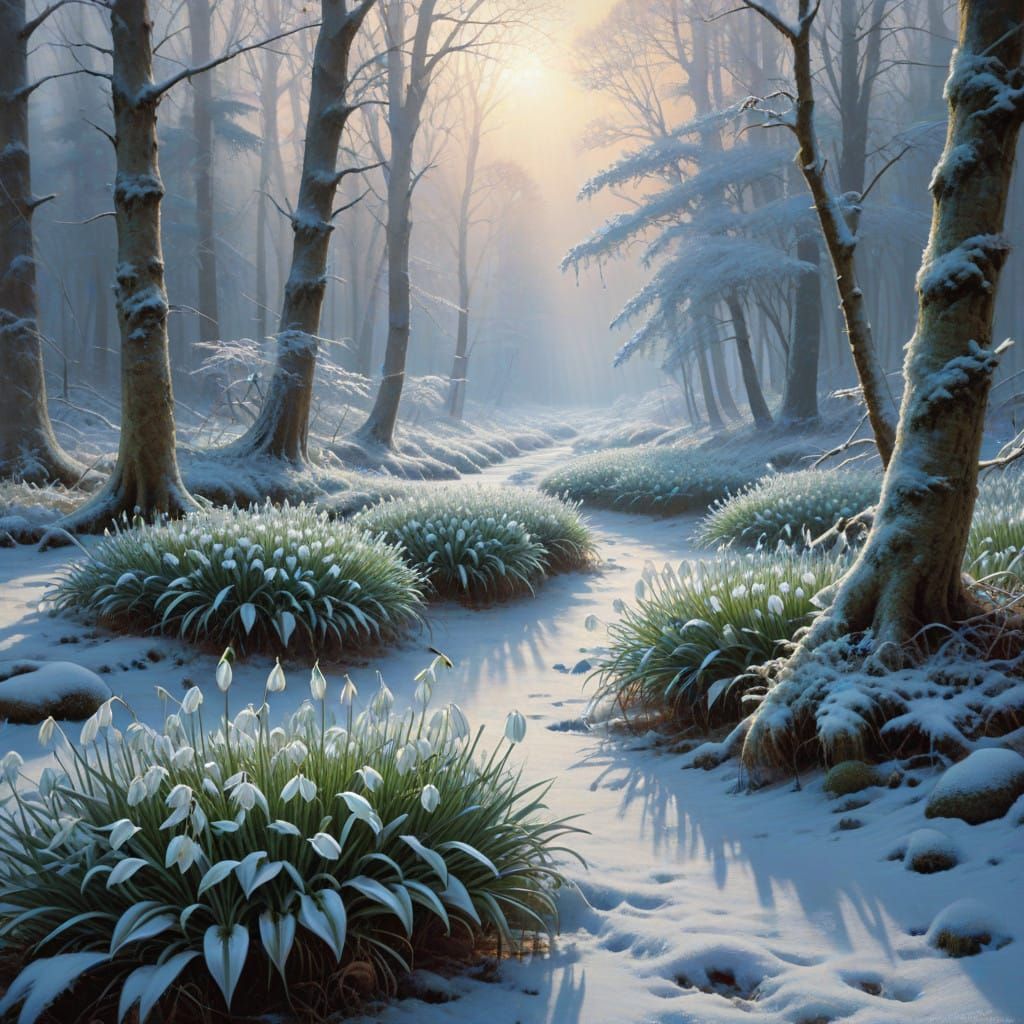 Snowdrops Bloom in Serene Winter Forest Scene