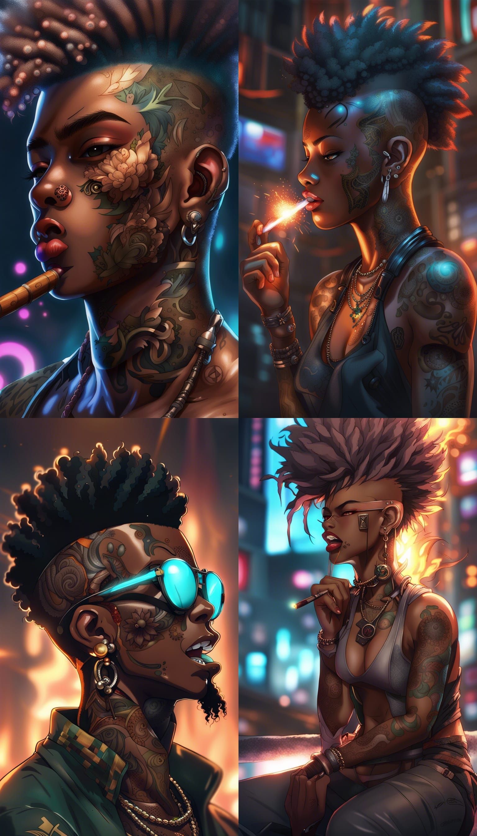 Cyberpunk Afro Warrior with Glowing Tattoos