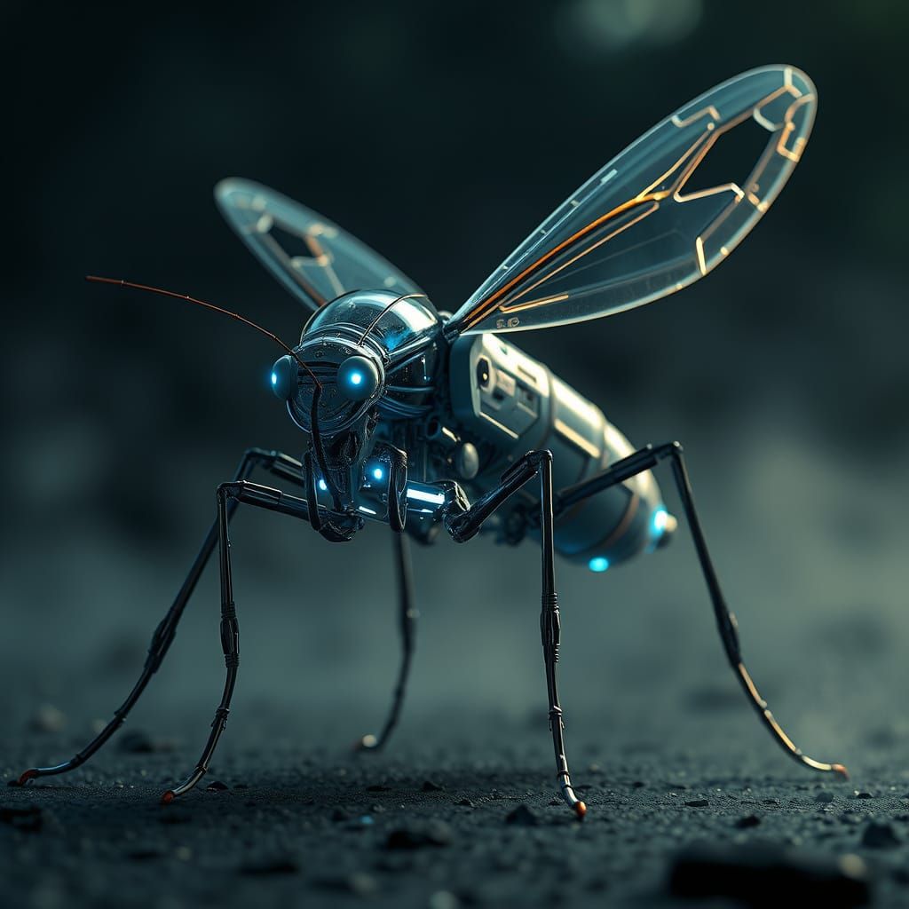 Hyperrealistic Robot Mosquito with Glowing Circuits