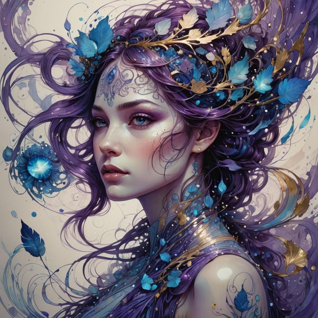 Fantastical Purple and Blue Woman in Ink Flow Art