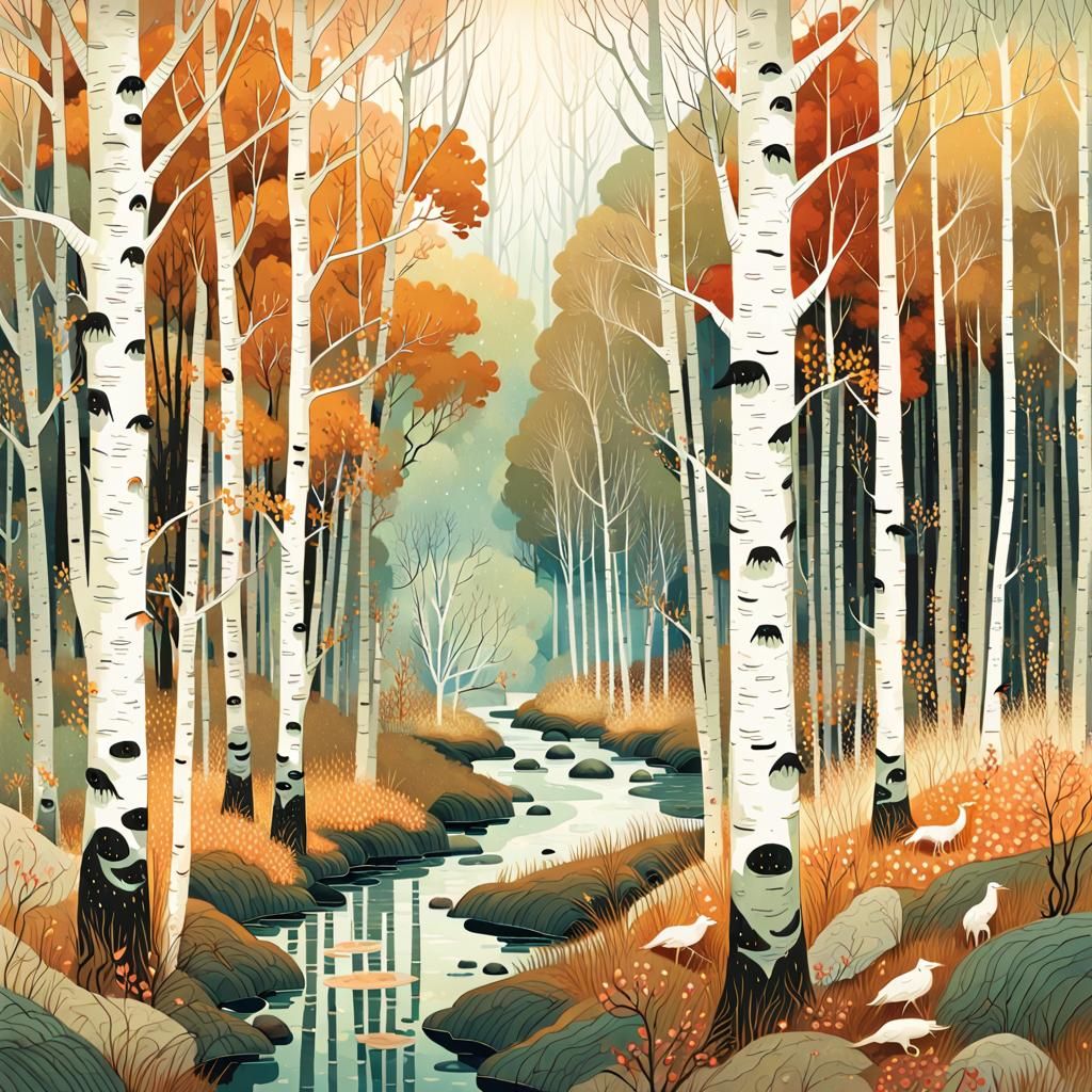 White Birch Woodland in Illustrative Style