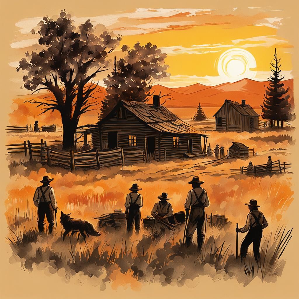 Pioneer Family Homestead at Sunset: Vintage Hand-Drawn Style