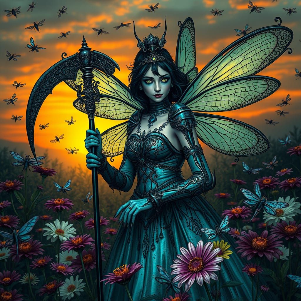 Iridescent Fae Queen with Dragonfly Wings and Gothic Scythe