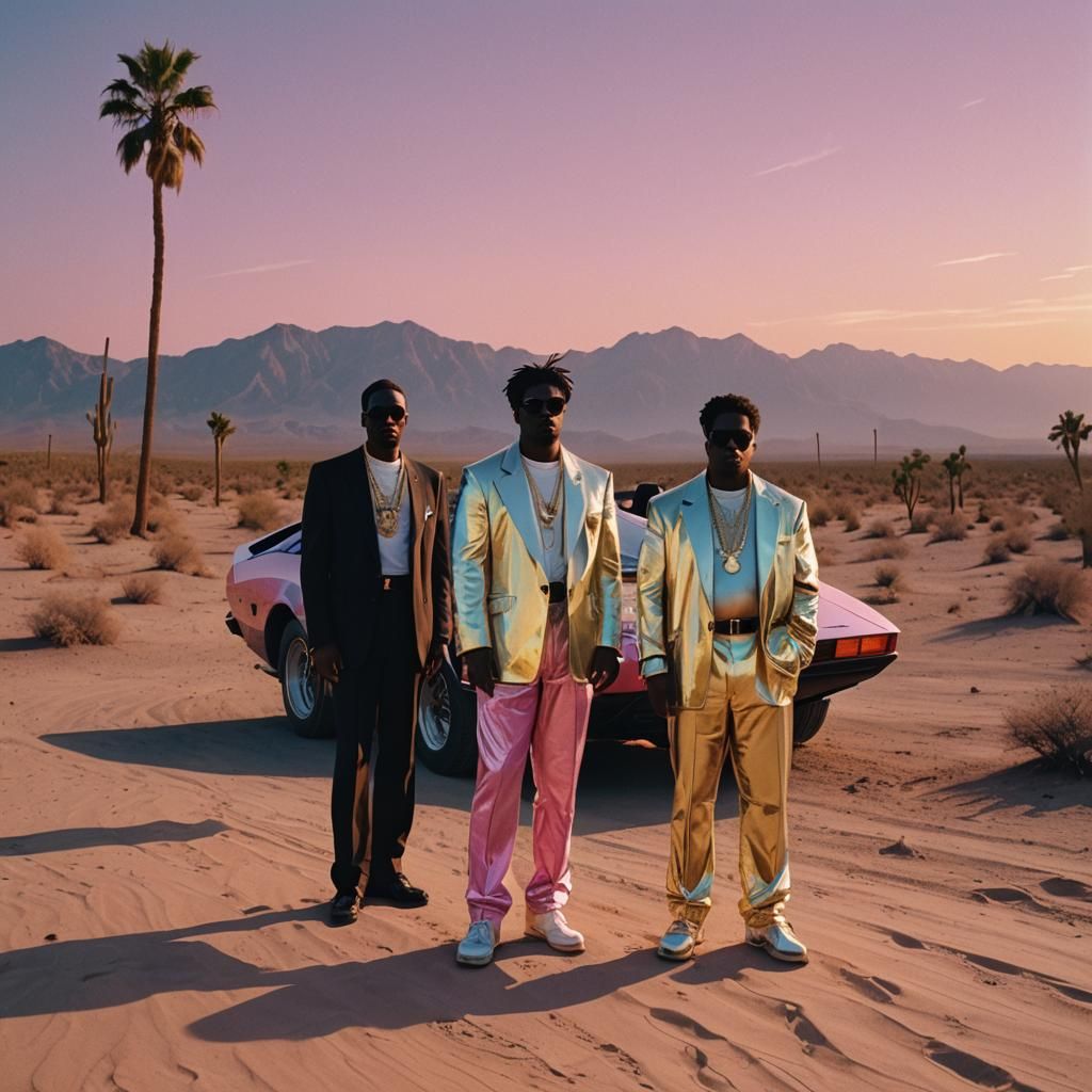 Countach, Biggie Smalls, and Pimp Diddy in Vaporwave Sunset