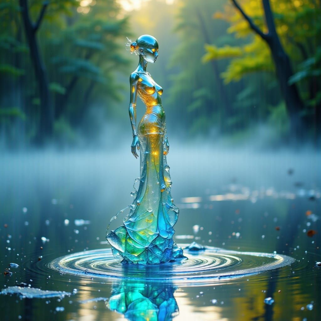 Iridescent Glass Statue on Lake Water
