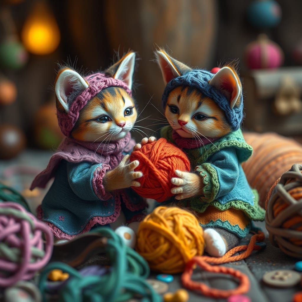 Felted Cats Playing with Yarn: Fantasy Matte Painting
