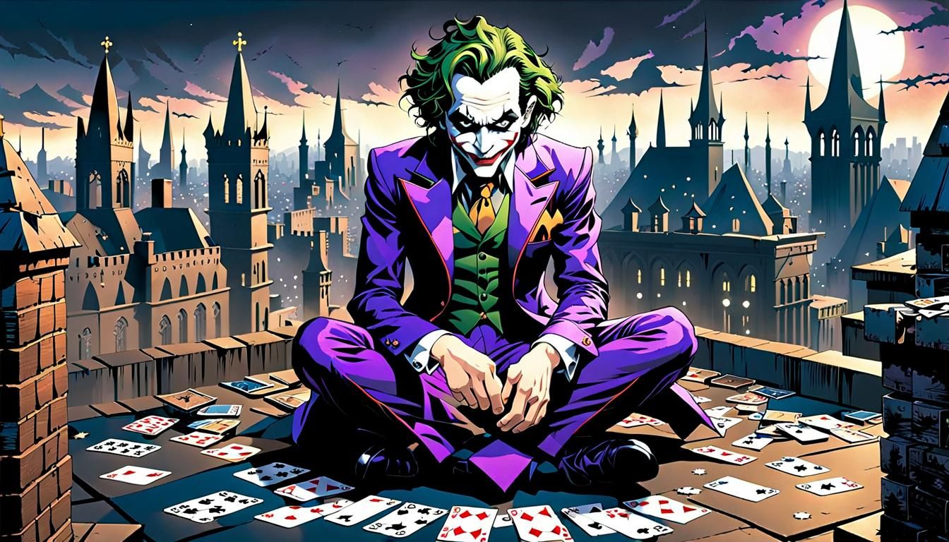 Heartbroken Joker on Gothic Rooftop, Comic Book Art