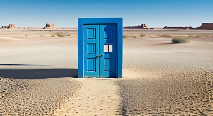 Mysterious Blue Door Stands Alone in Endless Desert Sands