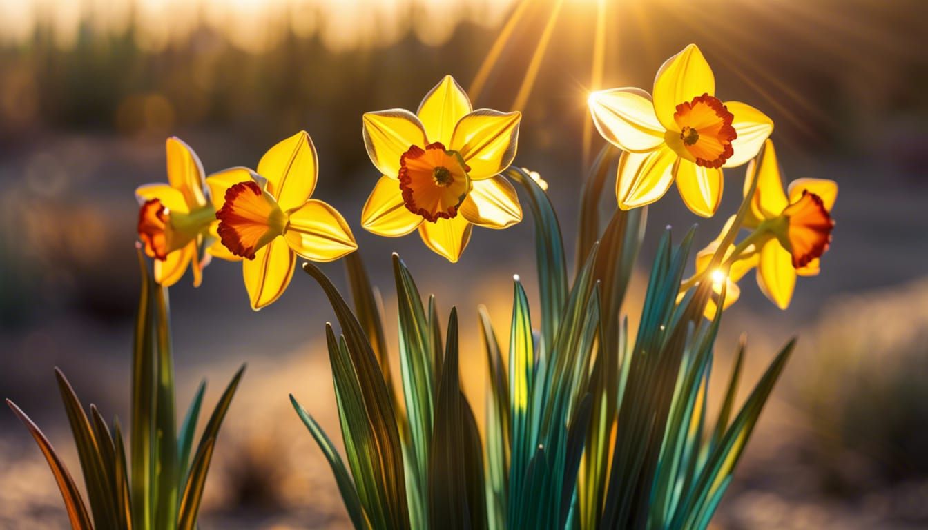 Glass Daffodils in Desert, Hyperrealistic Style