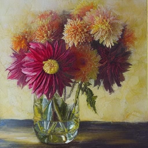 Dahlia Bouquet Still Life in Impasto Oil Painting