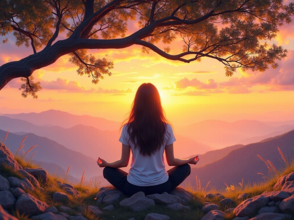 Woman Meditating at Mountain Sunset