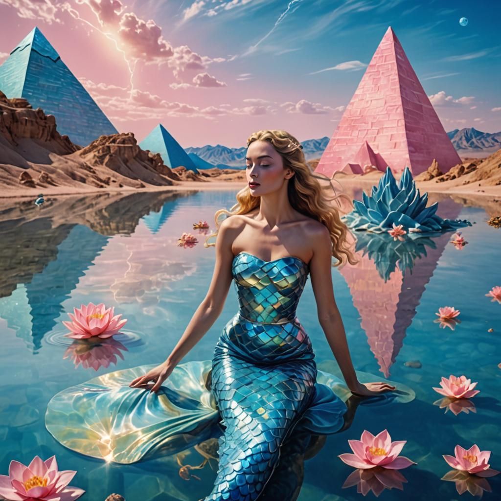 Golden Mermaid in Desert Lake, Surrealist Dreamscape