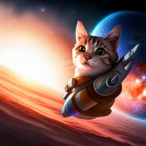 Cat Rides Rocket Through Galaxy in Digital Art