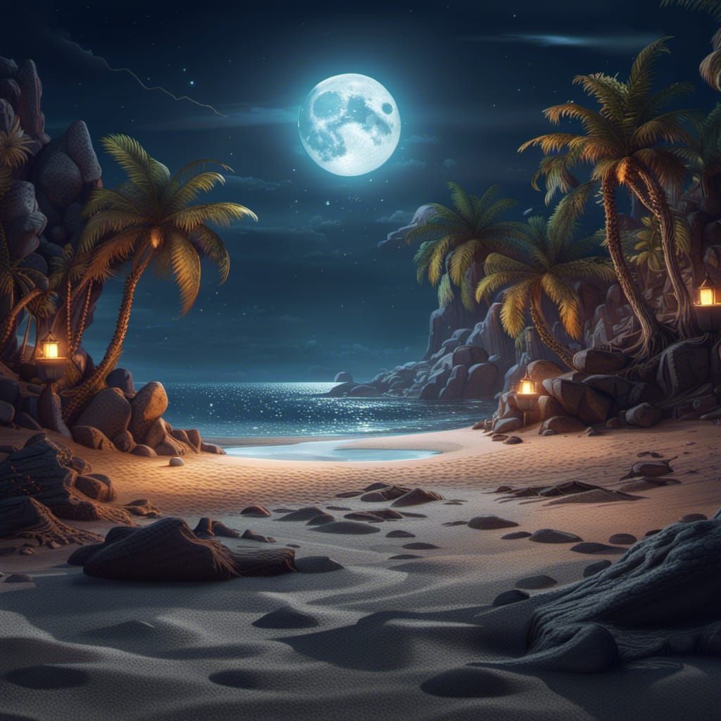 Fantasy Beach at Night Under Full Moon