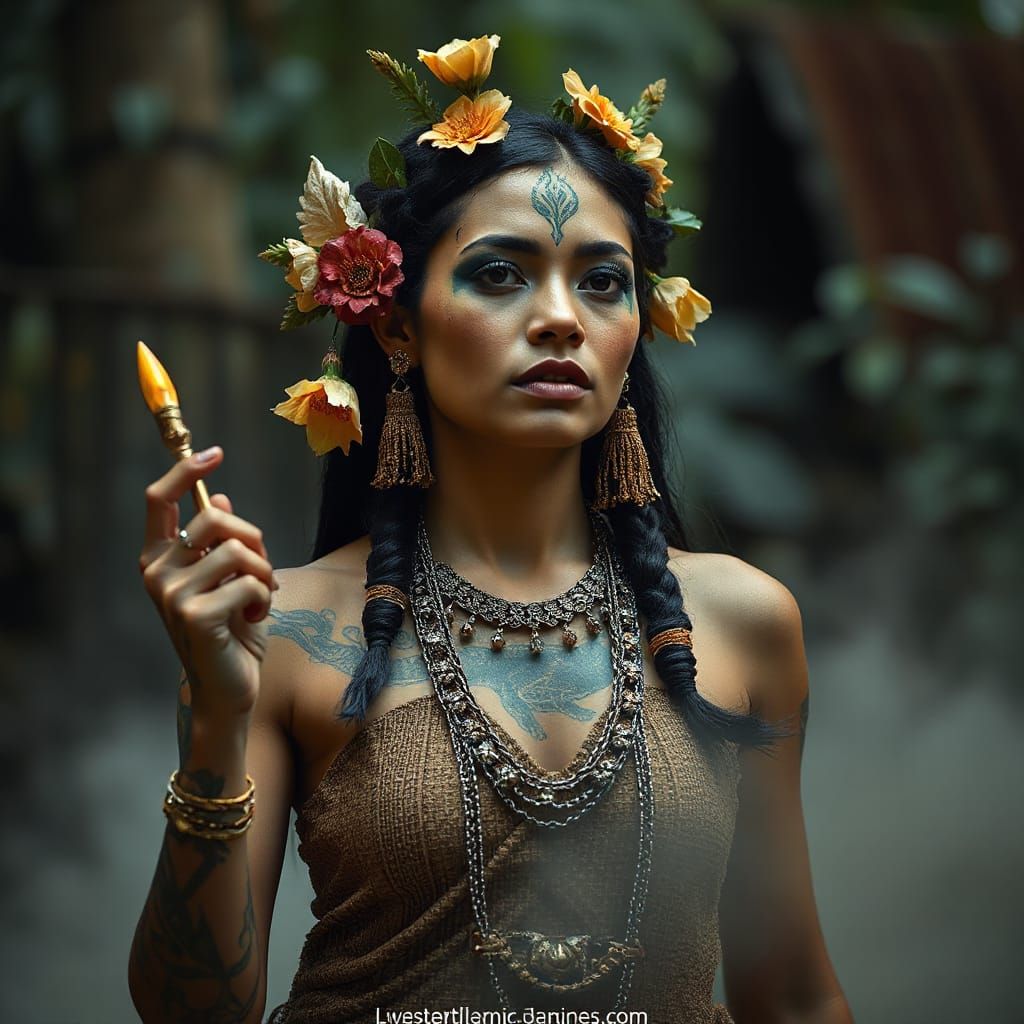 Surreal Baroque Yanomami Woman in Forest Dance