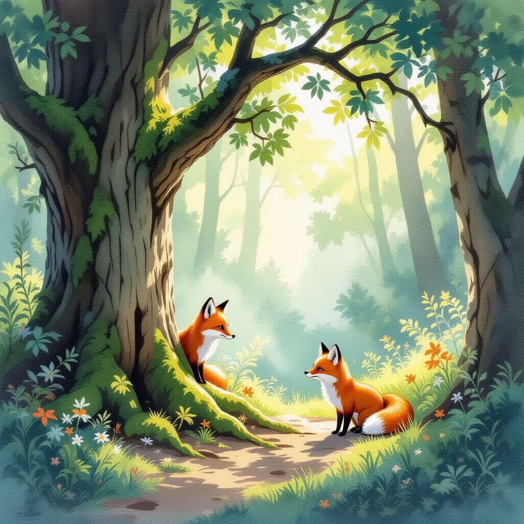Whimsical Forest Clearing With Curious Fox