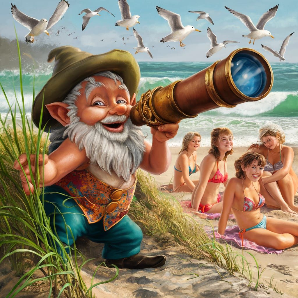 Gnome with Telescope on Beach: A Whimsical Scene