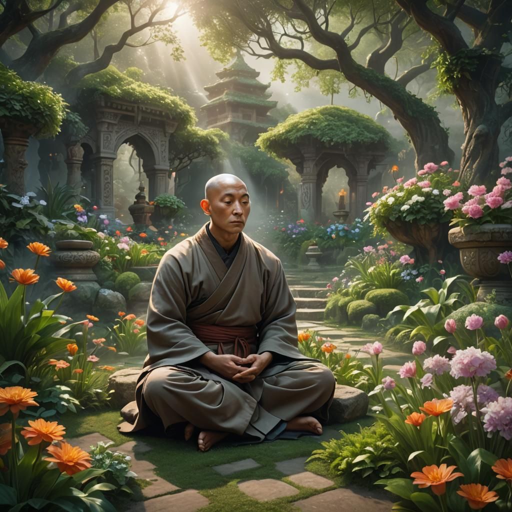 Serene Monk Meditates in Mystical Garden