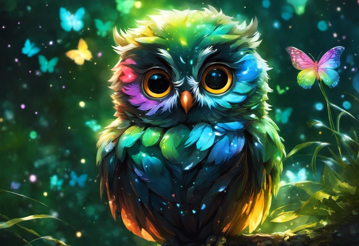 Rainbow Owlet Constellation in Bioluminescent Garden