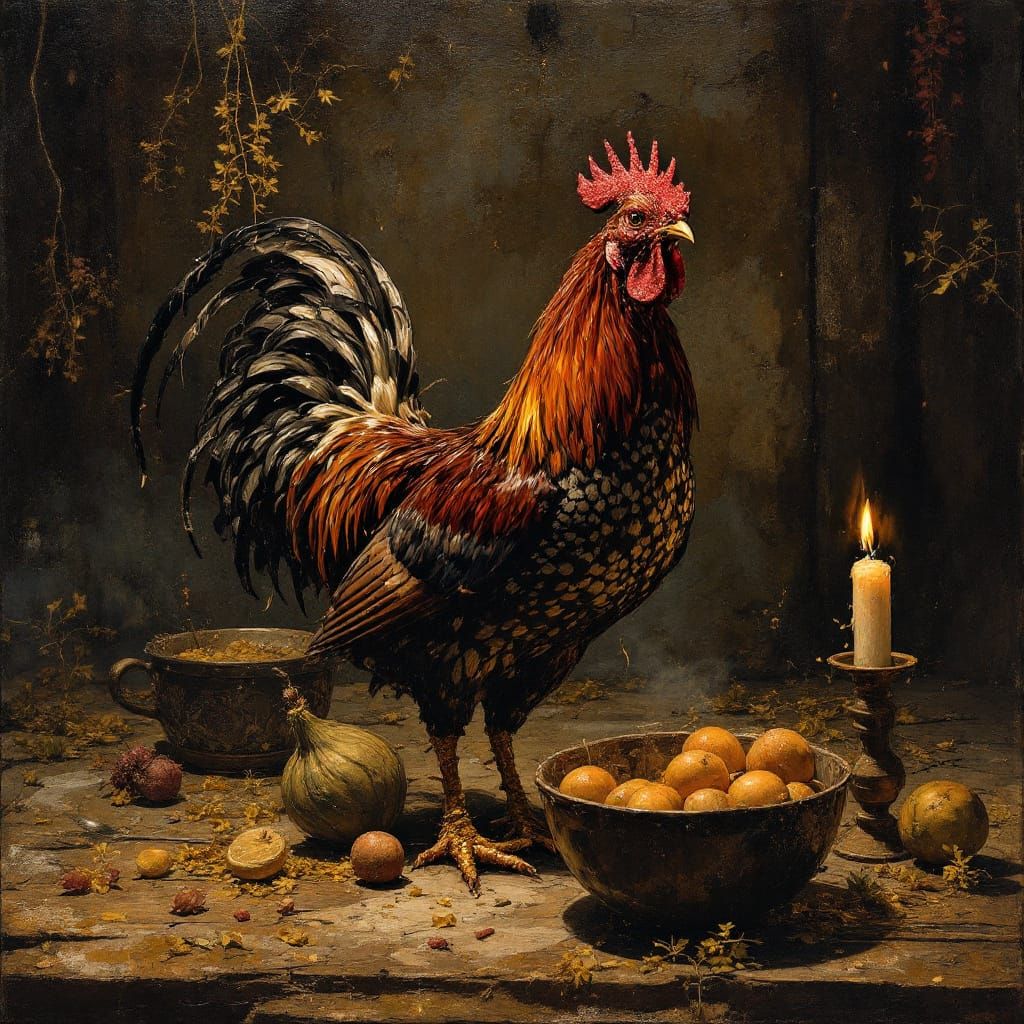 Rooster in Amber Light with Roman Feast Textures