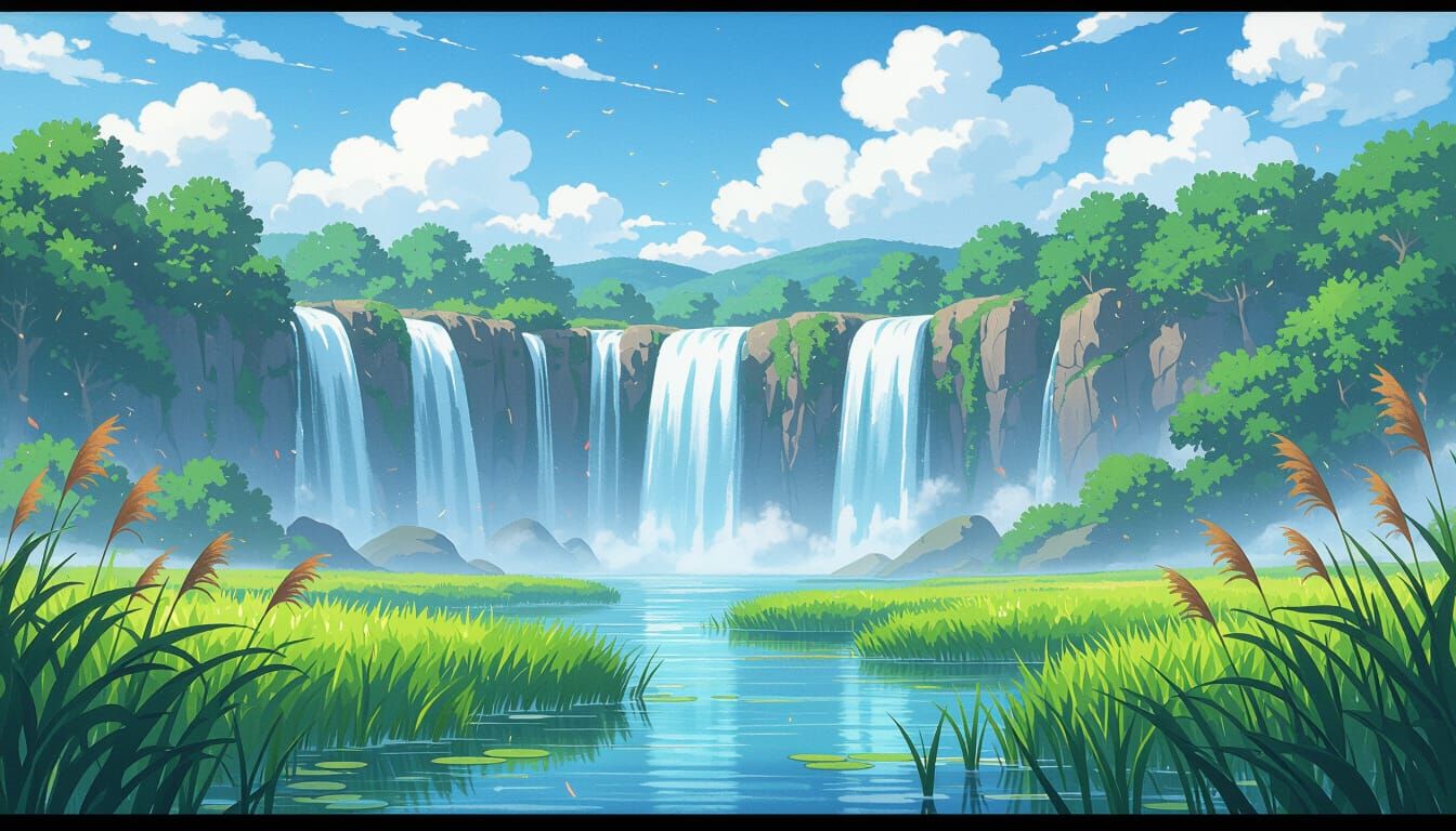 Anime Waterfall Landscape in Vibrant Digital Art Style