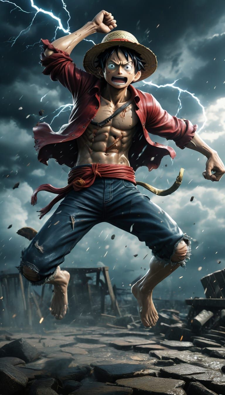 Epic Anime Fantasy Scene of Monkey D. Luffy Unleashing Godli...