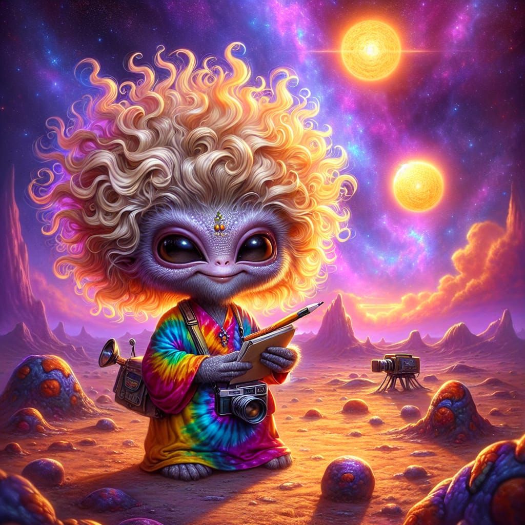 Gentle Alien Reporter in Vibrant Sci-Fi Landscape