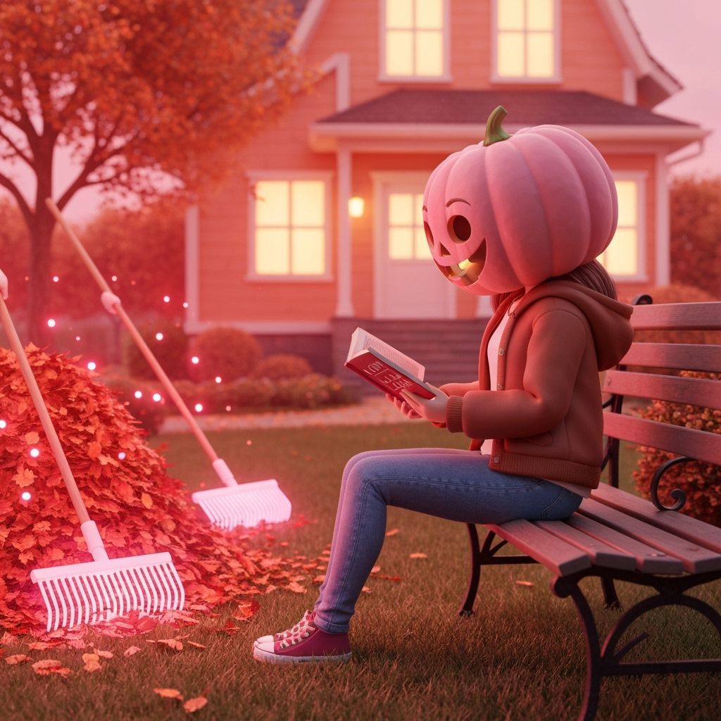 Cute Girl in Pumpkin Mask Reads Novel in Autumn Garden