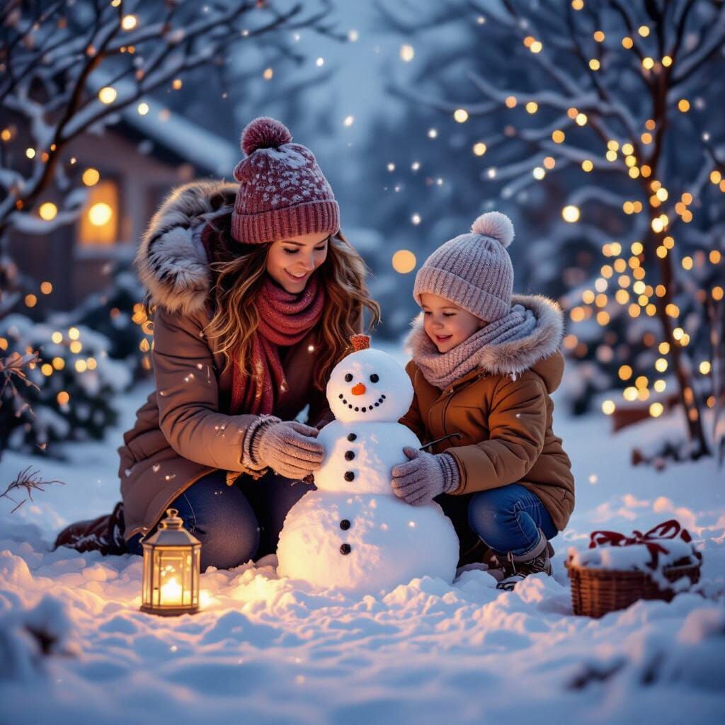 Mother and Child Building Snowman in Snowy Garden