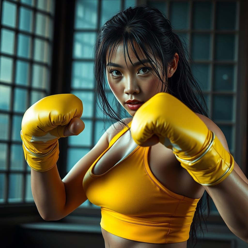 Asian Woman Boxing in Detailed Matte Painting Style