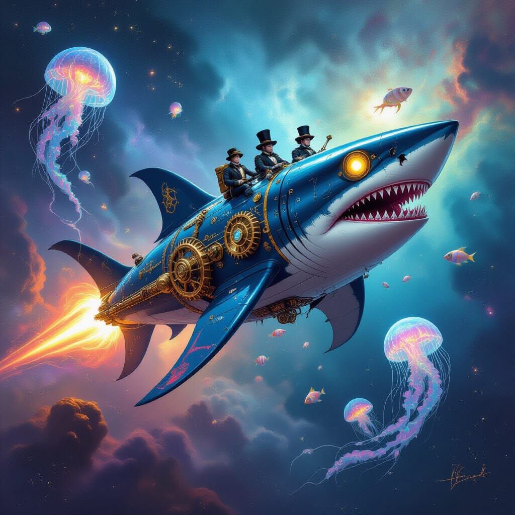 Steampunk Shark Starship Soaring Through Cosmic Nebula