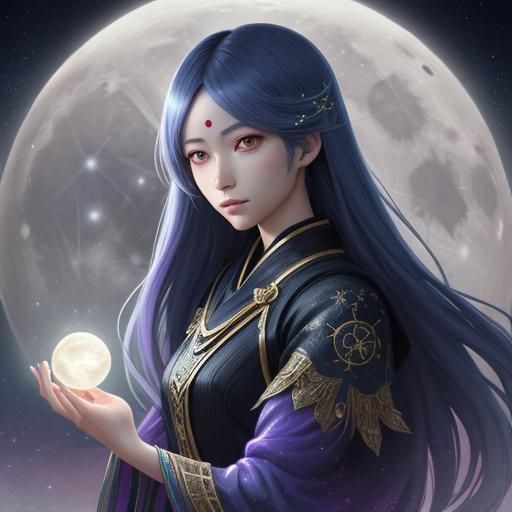 Woman with Glowing Moon Tarot Card in Anime Style