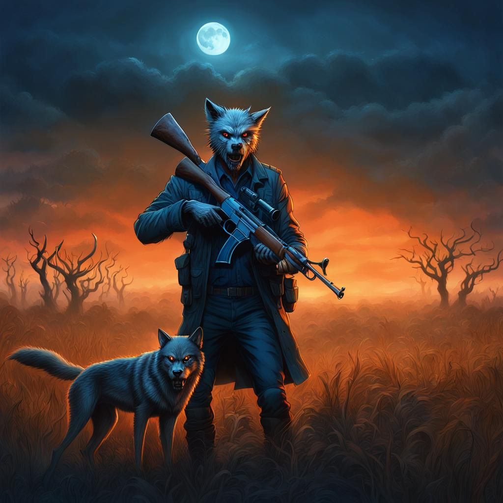 Dark Fantasy Werewolf Zombie Standing Amidst Twilight Savann...
