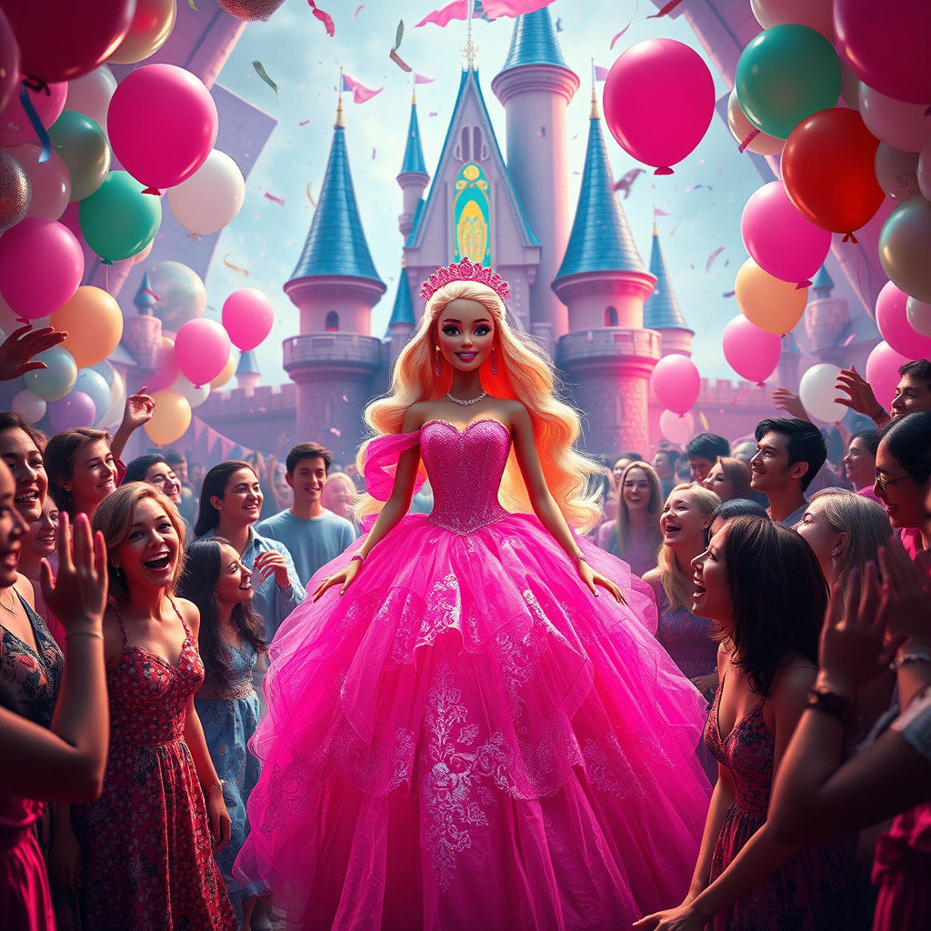Barbie in Neon Pink Gown at Castle Party