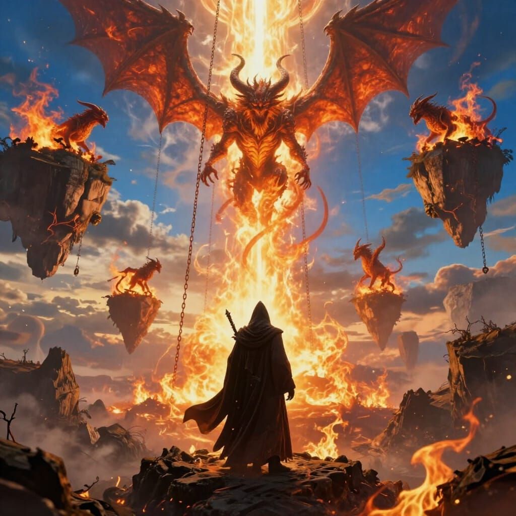 Demonic Landscape in Fiery Void with Celestial Chains