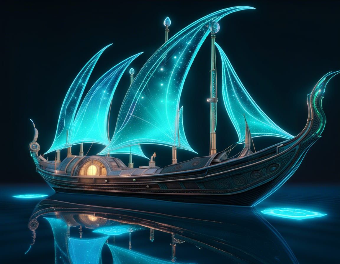 Fantasy Boat with Bioluminescent Sails in Dreamcore Style
