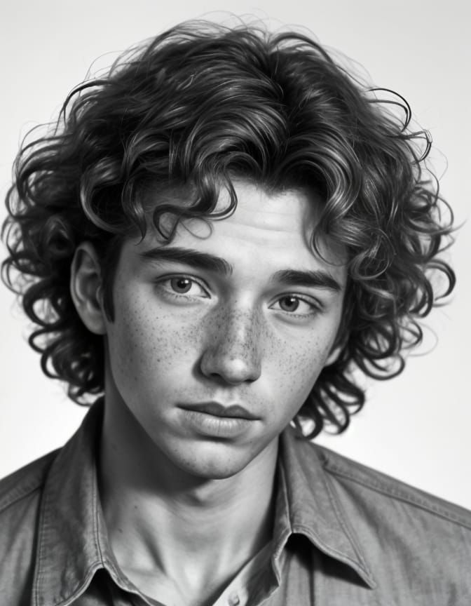 Shy yong ginger boy with curly hair, close up portrait with freckles, realism detailed