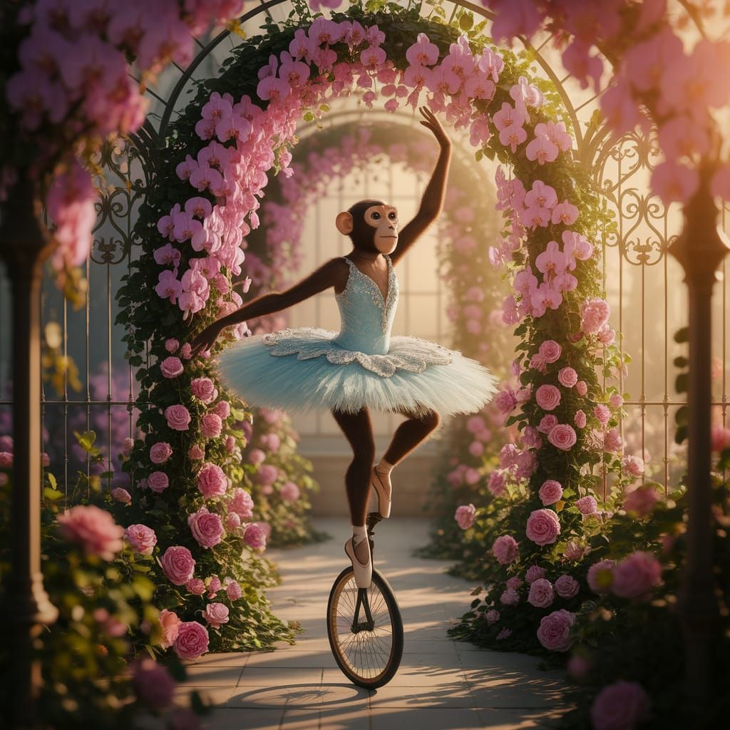 Monkey Ballerina on Unicycle in Art Nouveau Conservatory