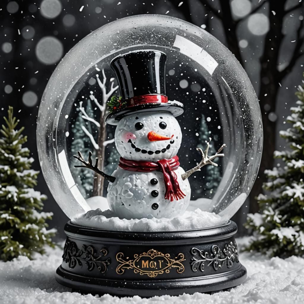Horror Snowman in Retro Snow Globe: Ink Painting