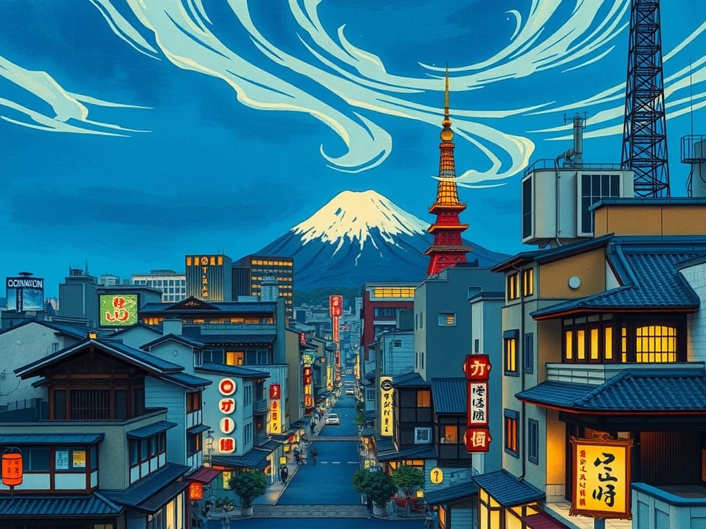 Modern Tokyo in Hokusai Style Ukiyo-e Print