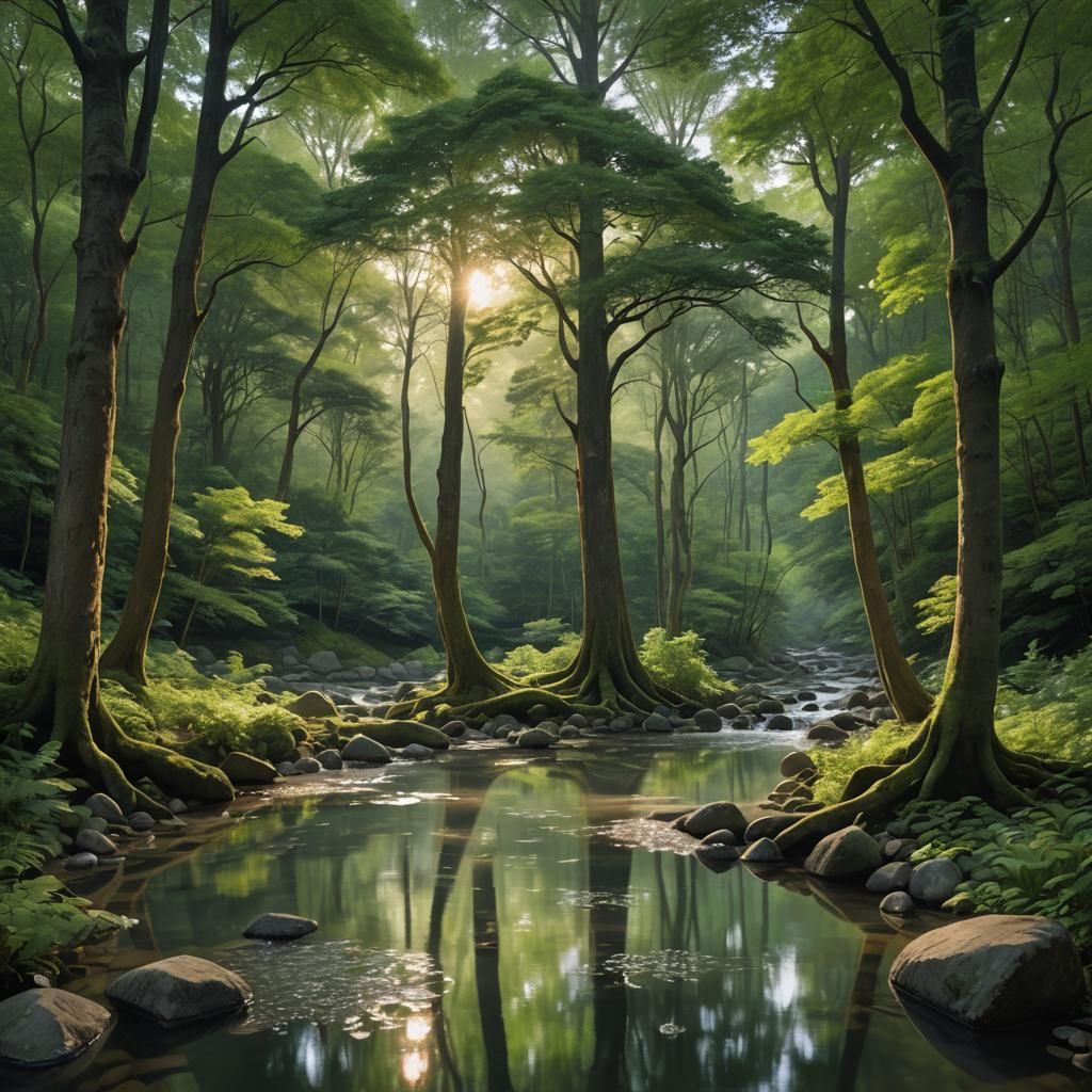 Mystical Forest Stream at Dusk