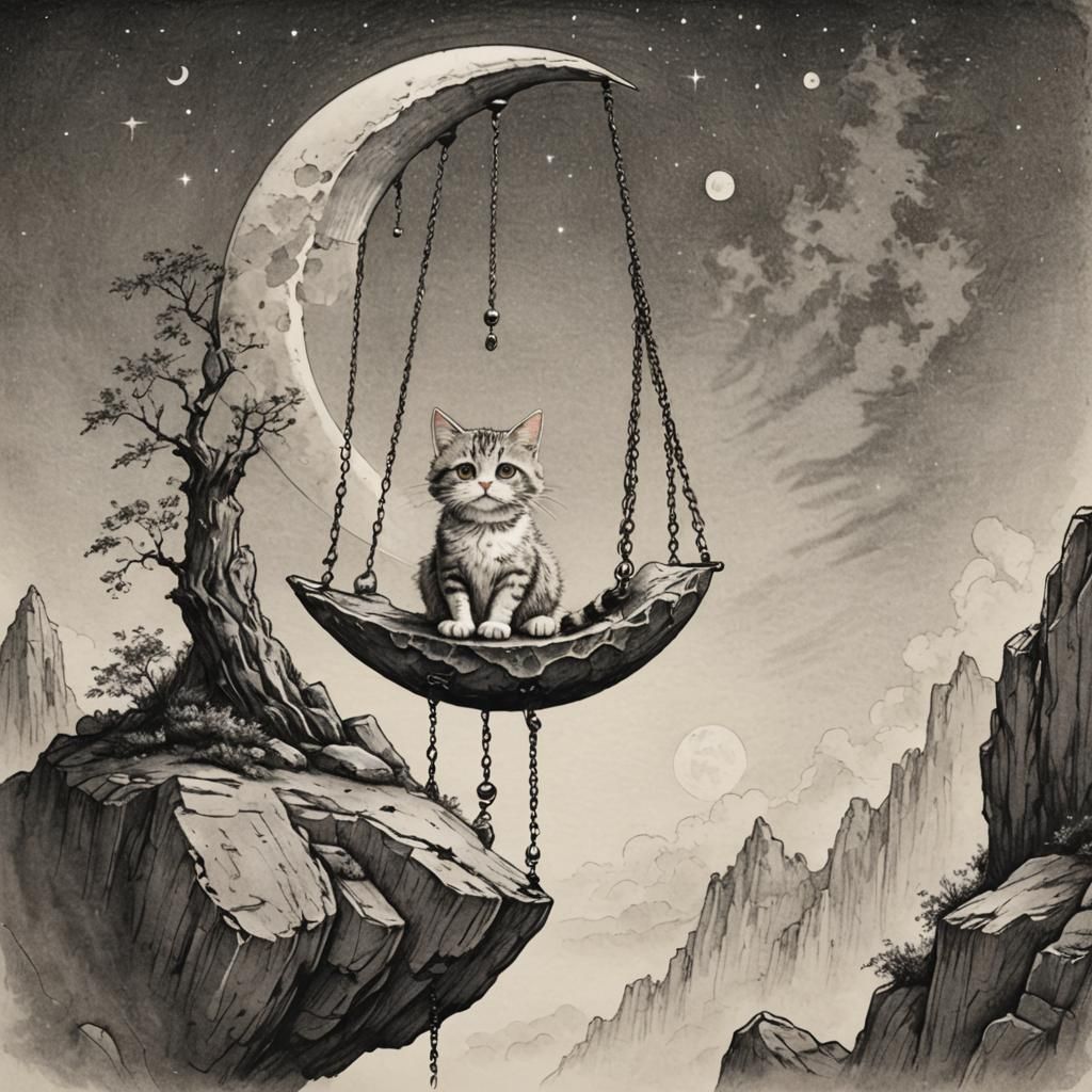 Cute Cat on Moon Swing: Fantasy Ink Drawing