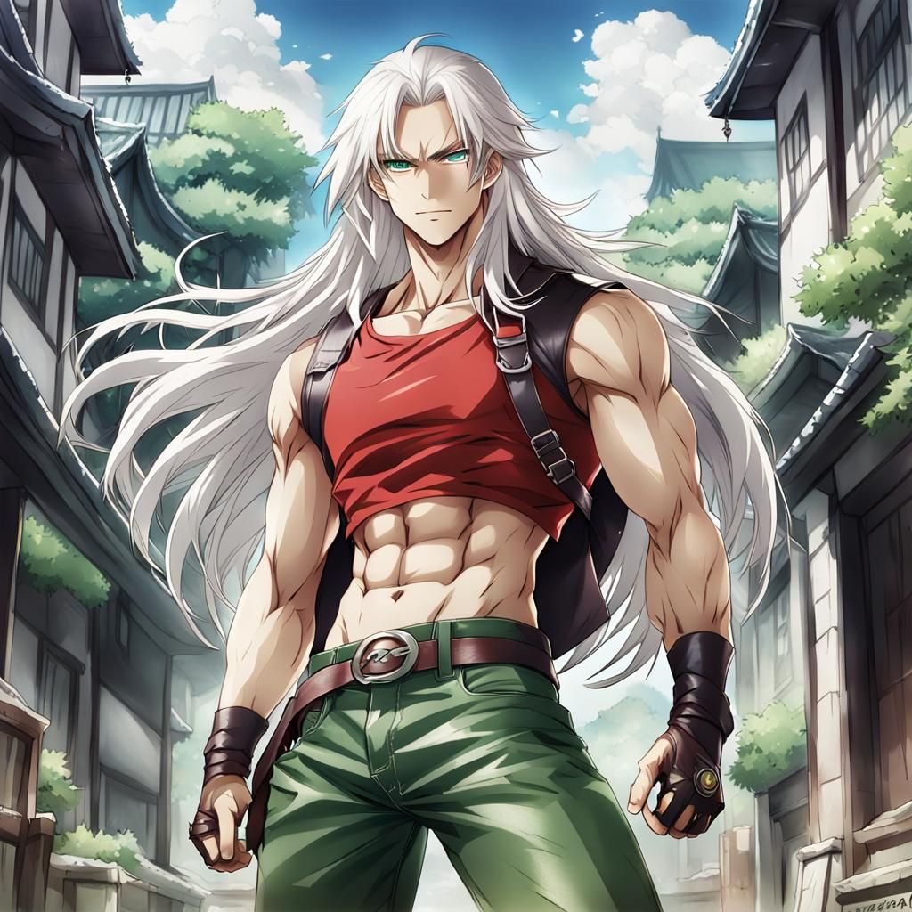 Anime Style Adventuring Hero with White Hair
